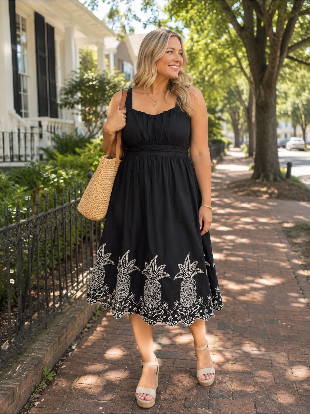 London Times Black Gathered Waist Dress with White Tag Detail